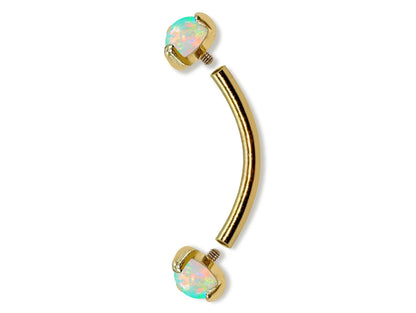 14K Gold Internal Curved Barbell with Prong Set Opal Stone, Eyebrow Piercing, Cartilage Stud, Belly Ring - 16G Body Jewellery Gold Bent Bar