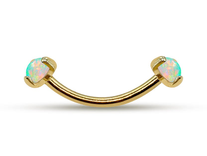 14K Gold Internal Curved Barbell with Prong Set Opal Stone, Eyebrow Piercing, Cartilage Stud, Belly Ring - 16G Body Jewellery Gold Bent Bar