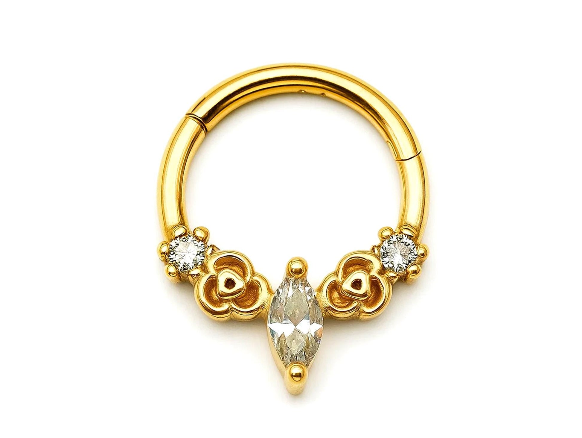 14K Gold 16G Unique Style Clicker Ring for Nose Septum, Daith Hoops Body Jewellery Piercing with Gem Crystal Hand Set - Diameter size 8mm