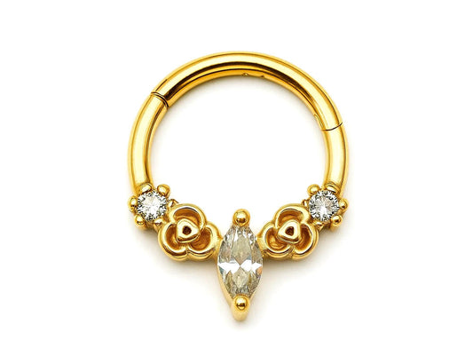 14K Gold 16G Unique Style Clicker Ring for Nose Septum, Daith Hoops Body Jewellery Piercing with Gem Crystal Hand Set - Diameter size 8mm