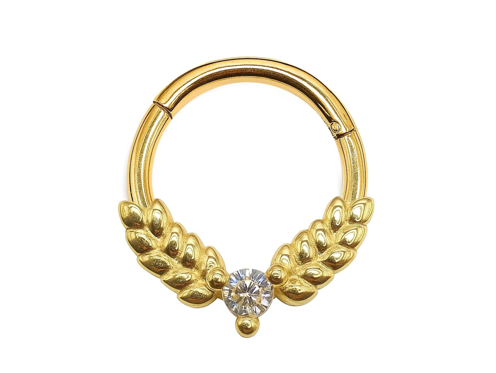14K Gold 16G Olive Leaves Septum Clicker Ring, Daith Hoops, Helix Body Jewellery Segment Hinged Ring with Gem Crystal - Diameter size 8mm