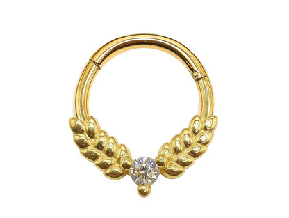 14K Gold 16G Olive Leaves Septum Clicker Ring, Daith Hoops, Helix Body Jewellery Segment Hinged Ring with Gem Crystal - Diameter size 8mm