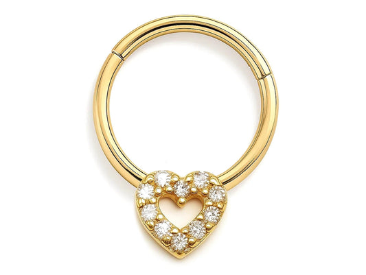 14K Gold Heart Charm Clicker hoop ring for Septum, Daith, Cartilage 16G Body Jewellery Segment Hinged Ring with Gemstone - Diameter size 8mm