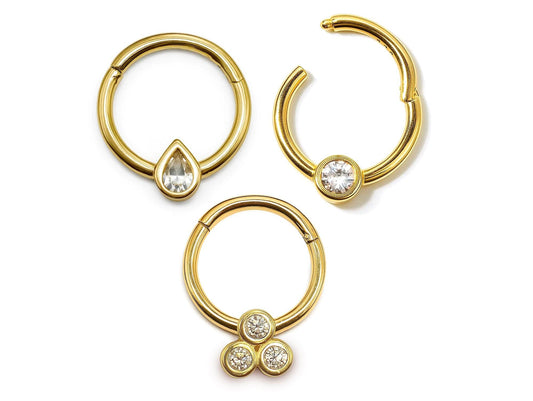 14K Gold Clicker Hoop Ring Piercing 16G Body Jewellery Septum, Daith, Helix with Gem Crystal - Diameter size 8mm - Sold Individually