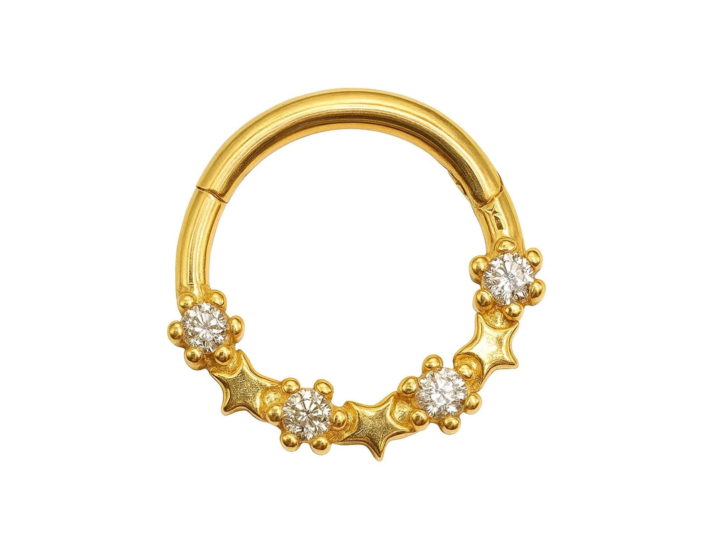 14K Gold Clicker Ring Nose Septum, Daith Hoop Star Design Body Jewellery with Gemstones - Inner Diameter size 8mm
