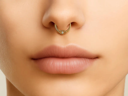 14K Gold Clicker Ring Lip design Hoops for Nose Septum, Daith cartilage 16G Segment Hinged with Gemstones - Inner Diameter size 8mm