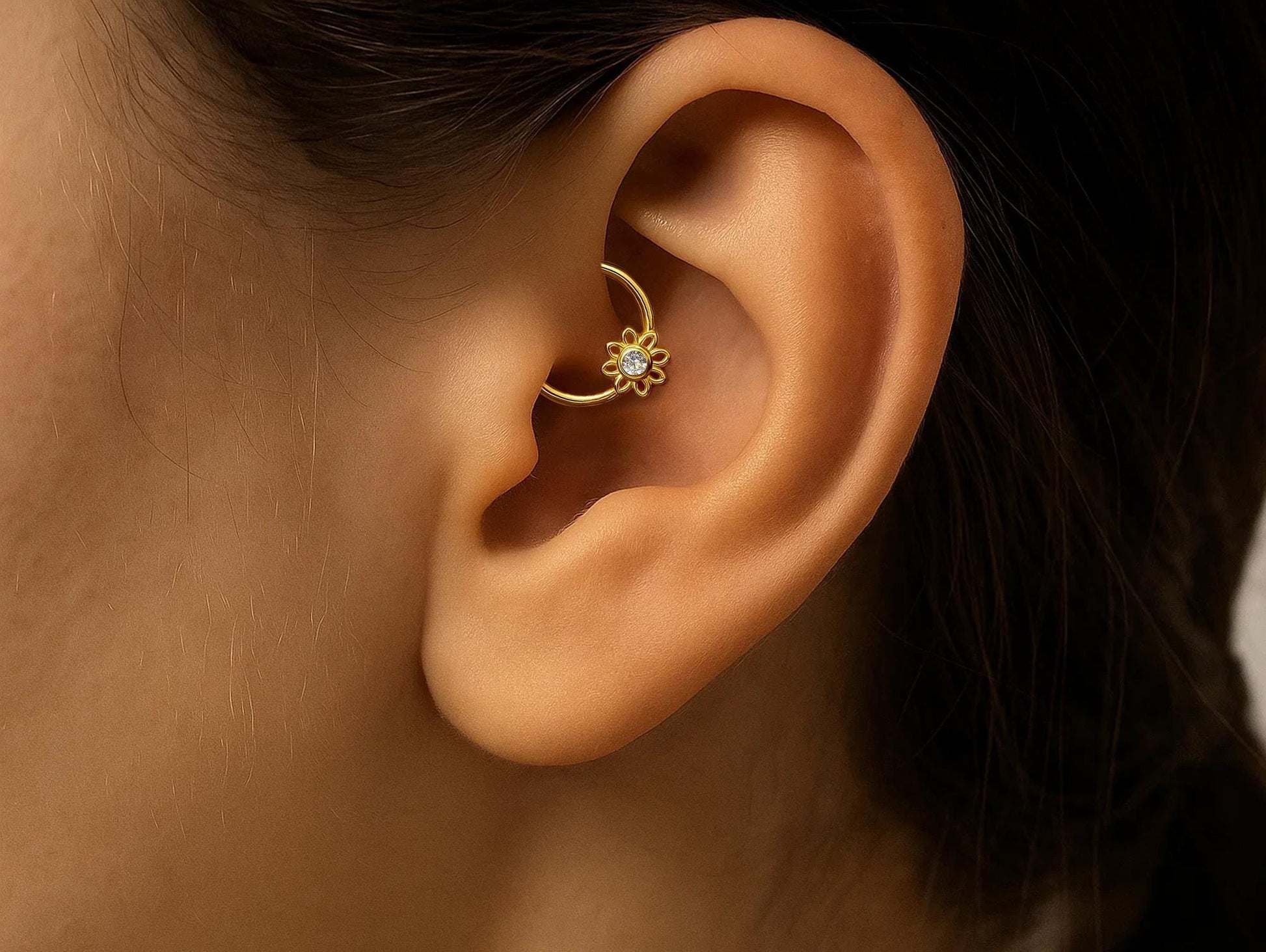 14K Gold Sun Clicker Ring Hoops for Nose Septum, Daith cartilage 16G Segment Hinged with Gemstones - Inner Diameter size 8mm