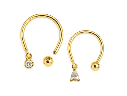 14K Gold Horseshoe Barbell, 16G Circular Barbell with Dangle Charm Gemstone Piercing for Septum - Inner Diameter size 8mm - 1pc each order