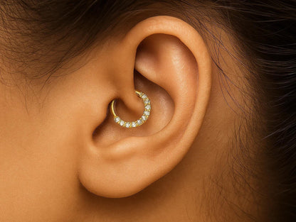 14K Gold 16G Septum Hinged Ring, Conch, Daith, Helix hoop Body Jewellery Piercing with Prong Set Gem Crystals - Sold Individually
