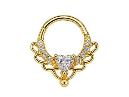 14K Gold 16G Clicker Ring, Nose Septum, Daith Piercing, Helix Hoops Body Jewellery with Heart Gem Crystal - Diameter size 8mm