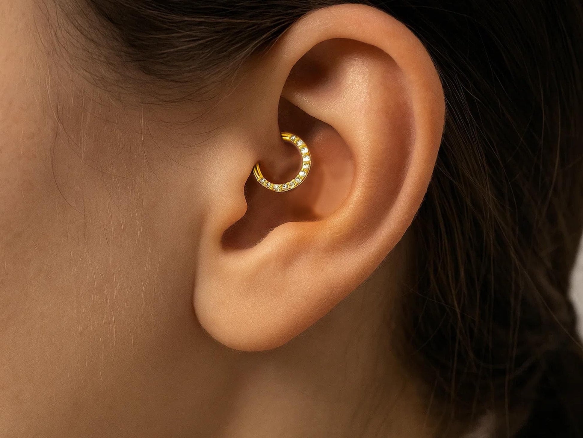 14K Gold 16G Nose Septum Clicker, Daith ring, Conch, Helix hoop Body Jewellery Piercing with Gem Crystal Set - Diameter size 8mm