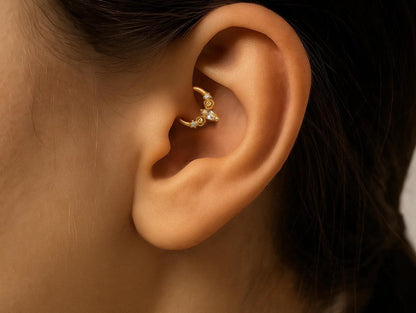 14K Gold 16G Unique Style Clicker Ring for Nose Septum, Daith Hoops Body Jewellery Piercing with Gem Crystal Hand Set - Diameter size 8mm