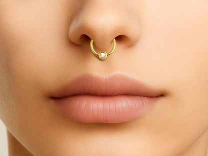 14K Gold Clicker Hoop Ring Piercing 16G Body Jewellery Septum, Daith, Helix with Gem Crystal - Diameter size 8mm - Sold Individually