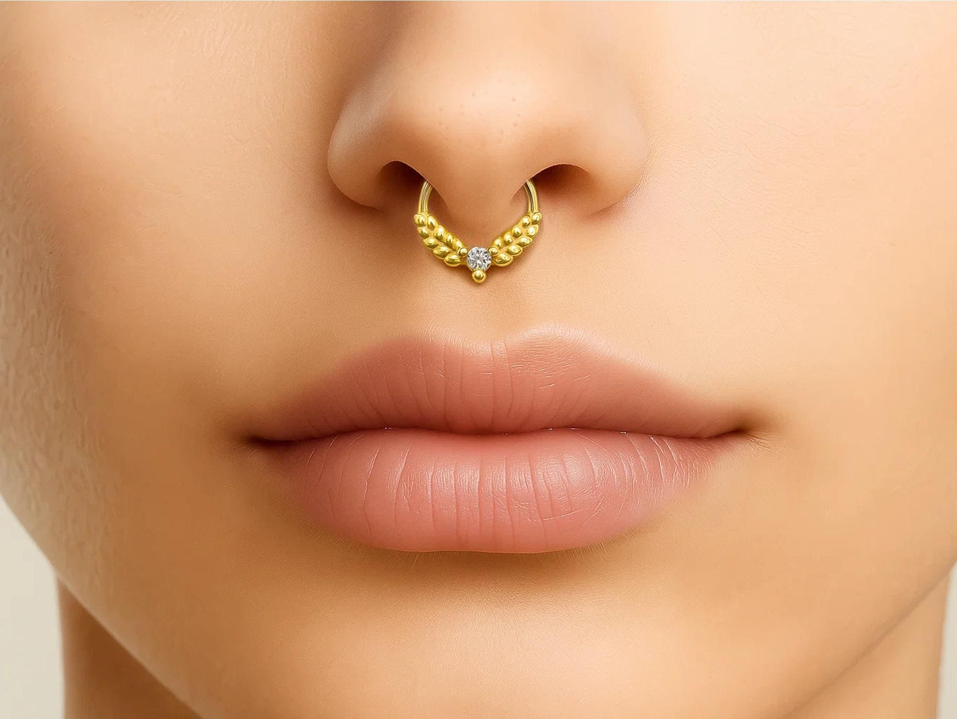 14K Gold 16G Olive Leaves Septum Clicker Ring, Daith Hoops, Helix Body Jewellery Segment Hinged Ring with Gem Crystal - Diameter size 8mm