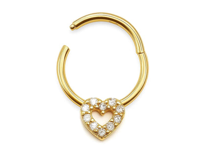 14K Gold Heart Charm Clicker hoop ring for Septum, Daith, Cartilage 16G Body Jewellery Segment Hinged Ring with Gemstone - Diameter size 8mm