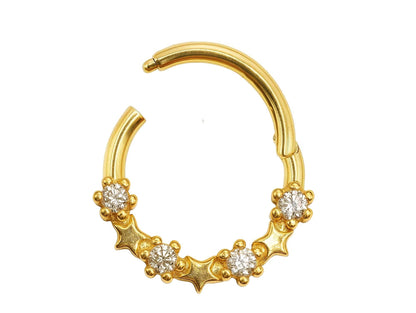 14K Gold Clicker Ring Nose Septum, Daith Hoop Star Design Body Jewellery with Gemstones - Inner Diameter size 8mm