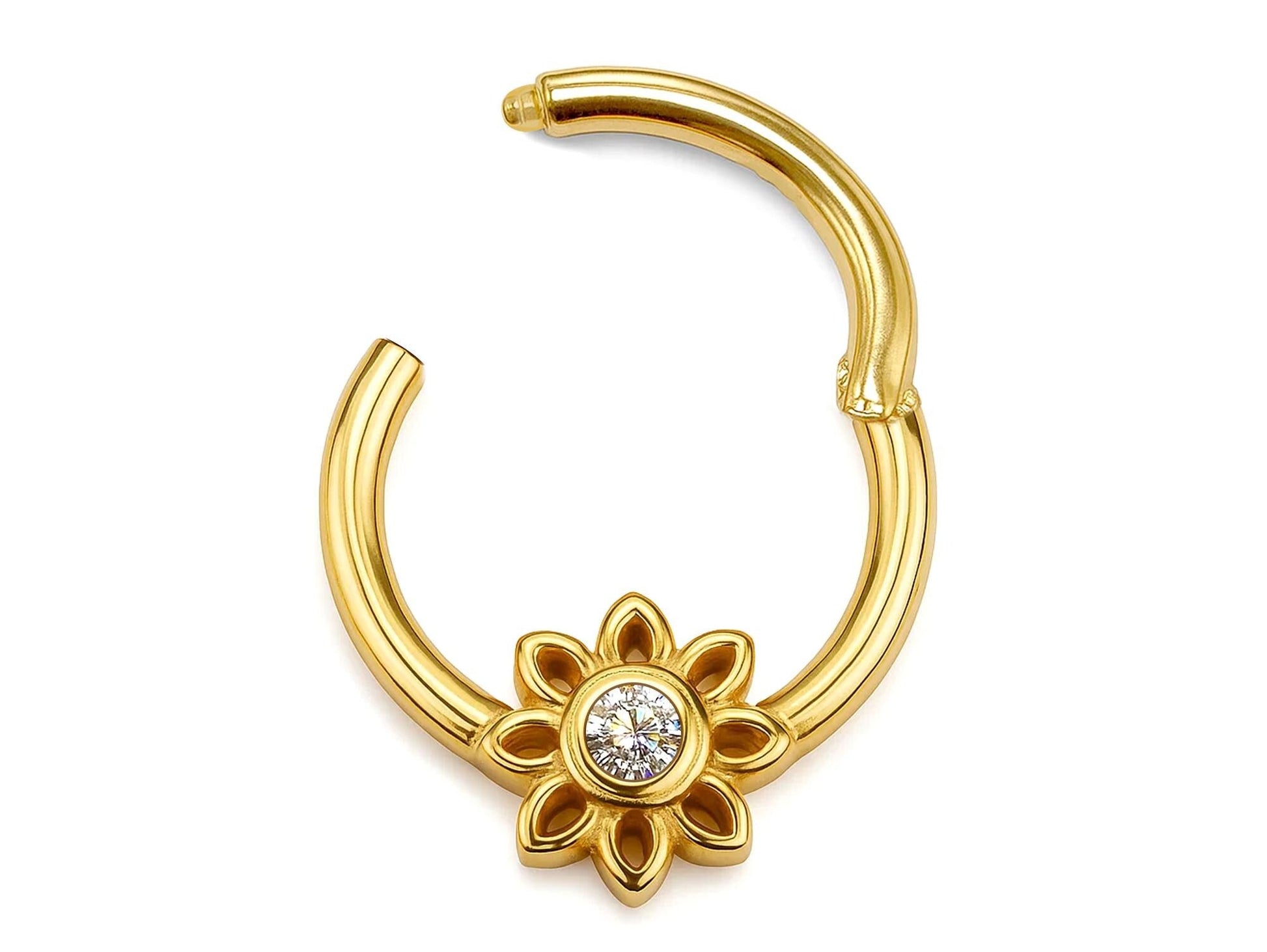 14K Gold Sun Clicker Ring Hoops for Nose Septum, Daith cartilage 16G Segment Hinged with Gemstones - Inner Diameter size 8mm