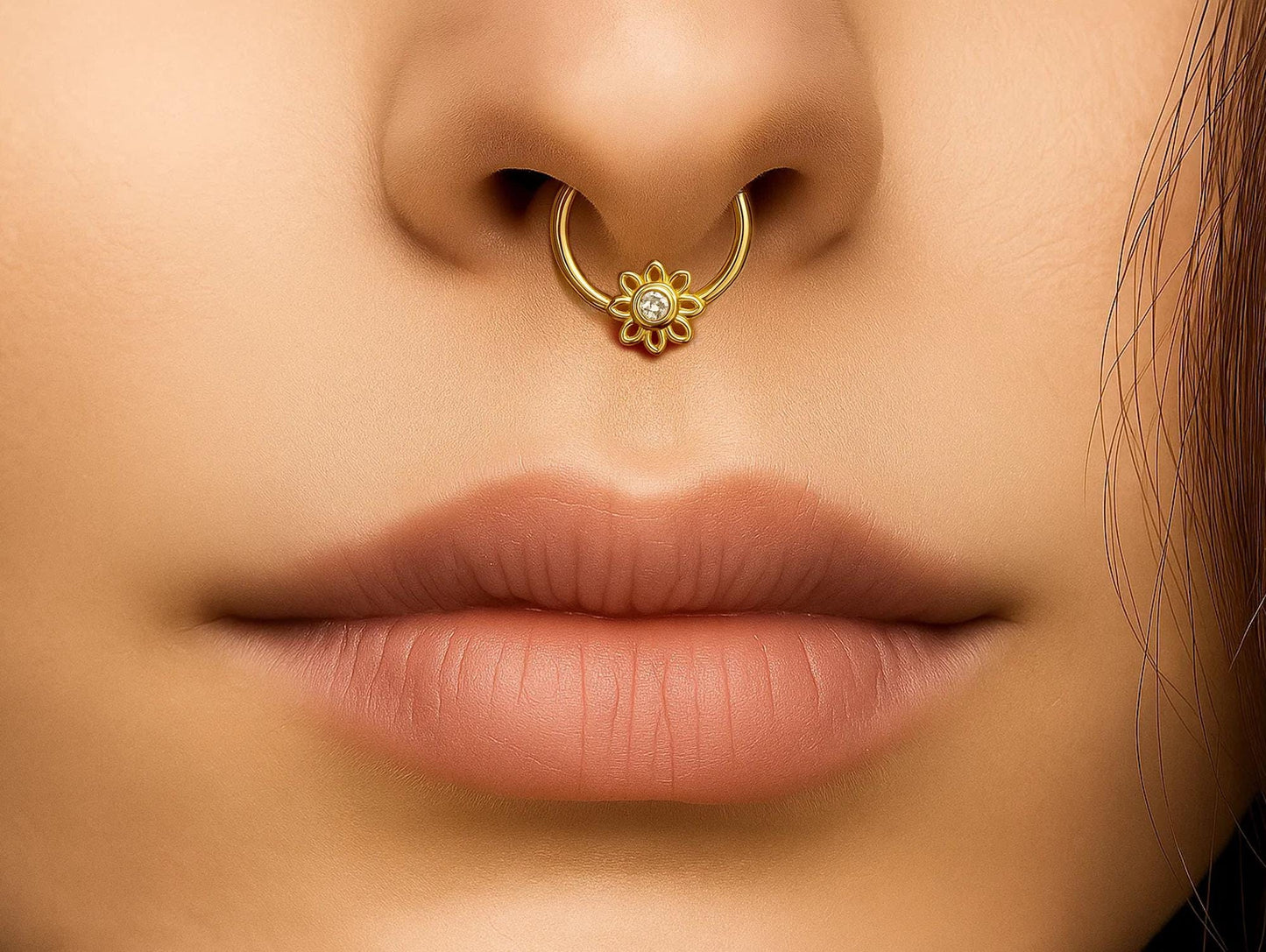 14K Gold Sun Clicker Ring Hoops for Nose Septum, Daith cartilage 16G Segment Hinged with Gemstones - Inner Diameter size 8mm