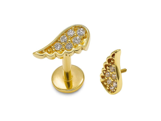 14K Gold Angel Wing Labret Stud Lip Piercing, Tragus, Helix, Cartilage 16G Body Jewellery Internally Threaded