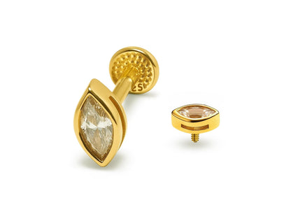 14K Gold Eye Shape Labret Stud Lip Piercing Philtrum, Tragus, Helix, Cartilage 16G Body Jewellery Internally Threaded